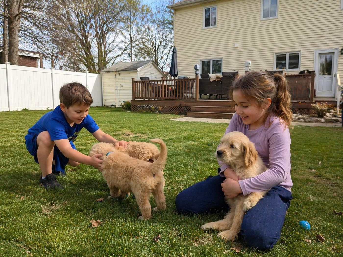 Children enjoying a clean yard with dogs