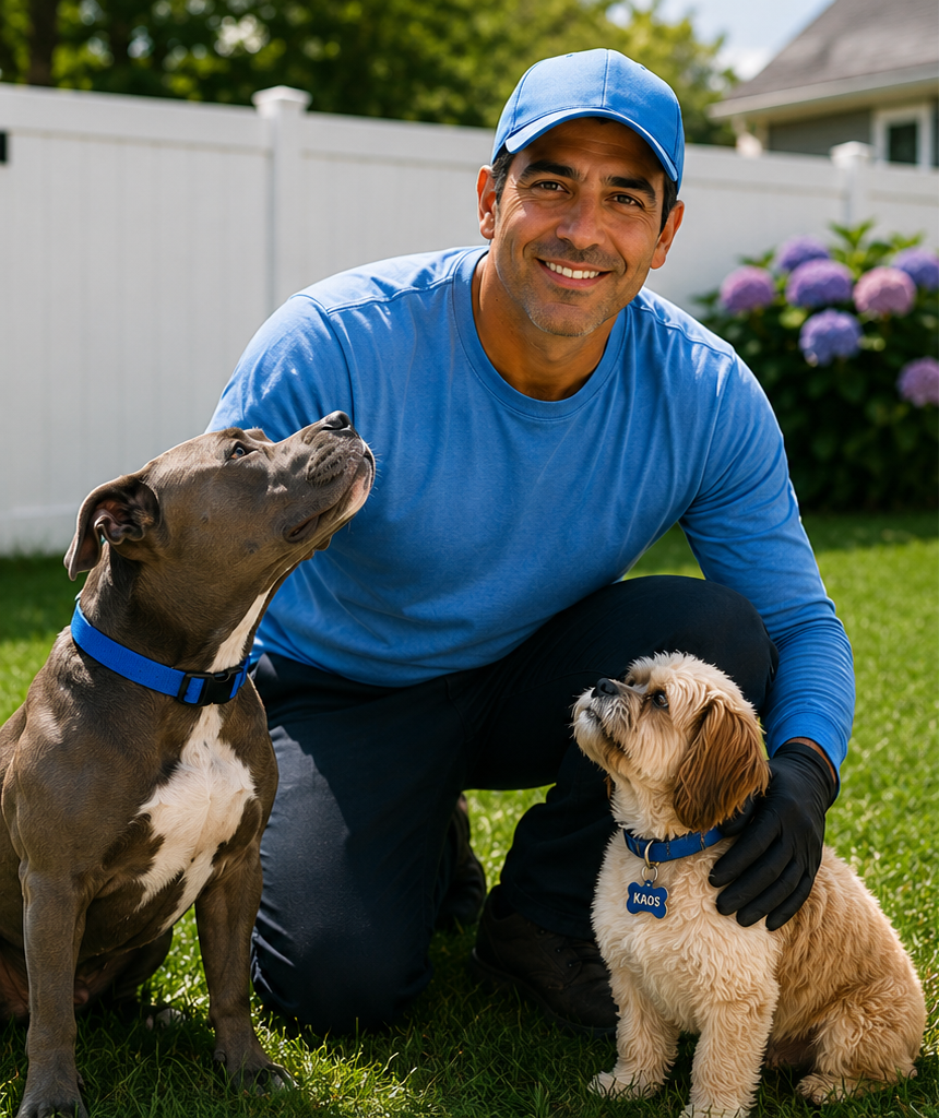 Leo smiling outdoors with two dogs