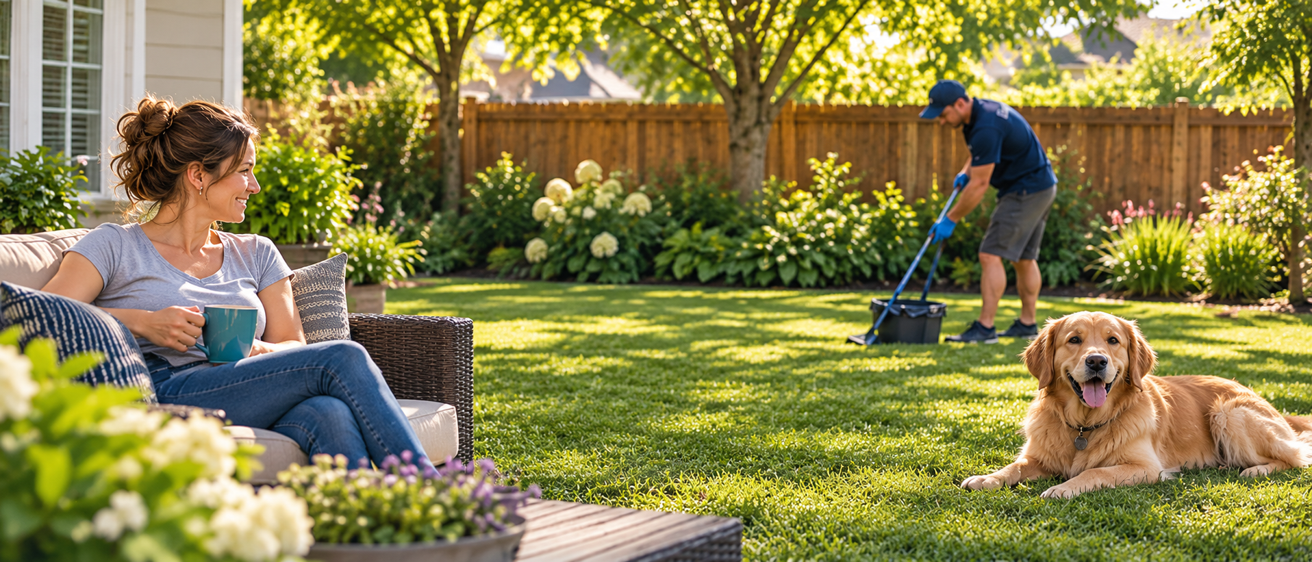 Woman relaxing on a sunny patio while a Scoop Patrol worker cleans the yard and a golden retriever rests on the lawn