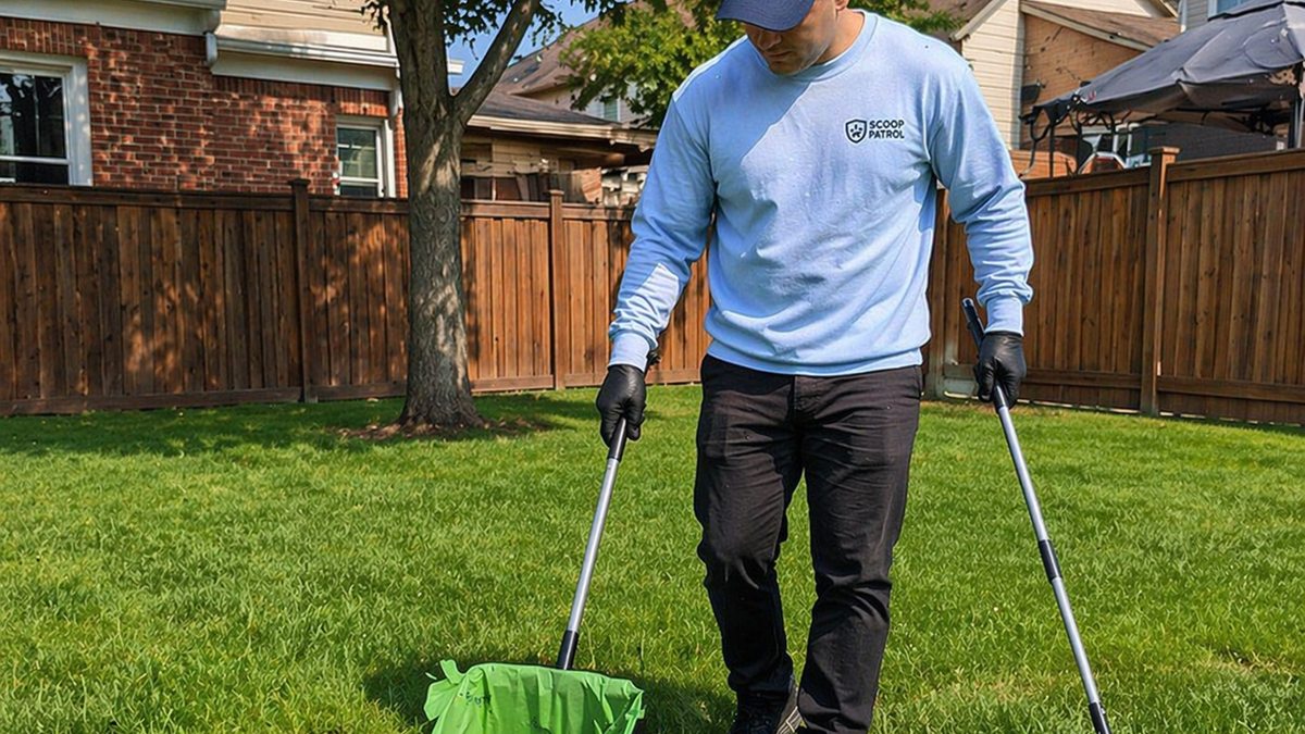 Illustration of a yard worker removing dog waste with a rake and scoop