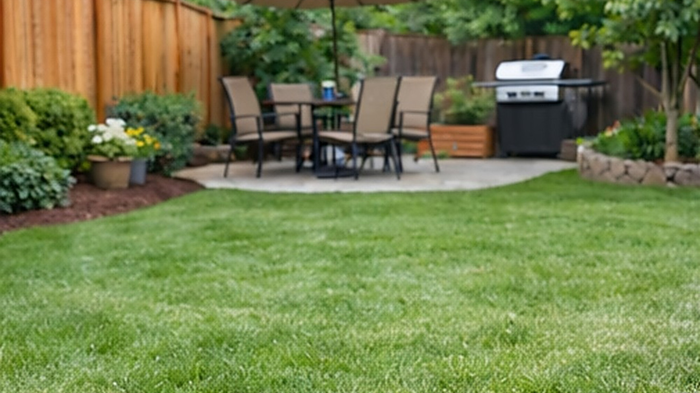 Freshly cleaned green backyard with a patio