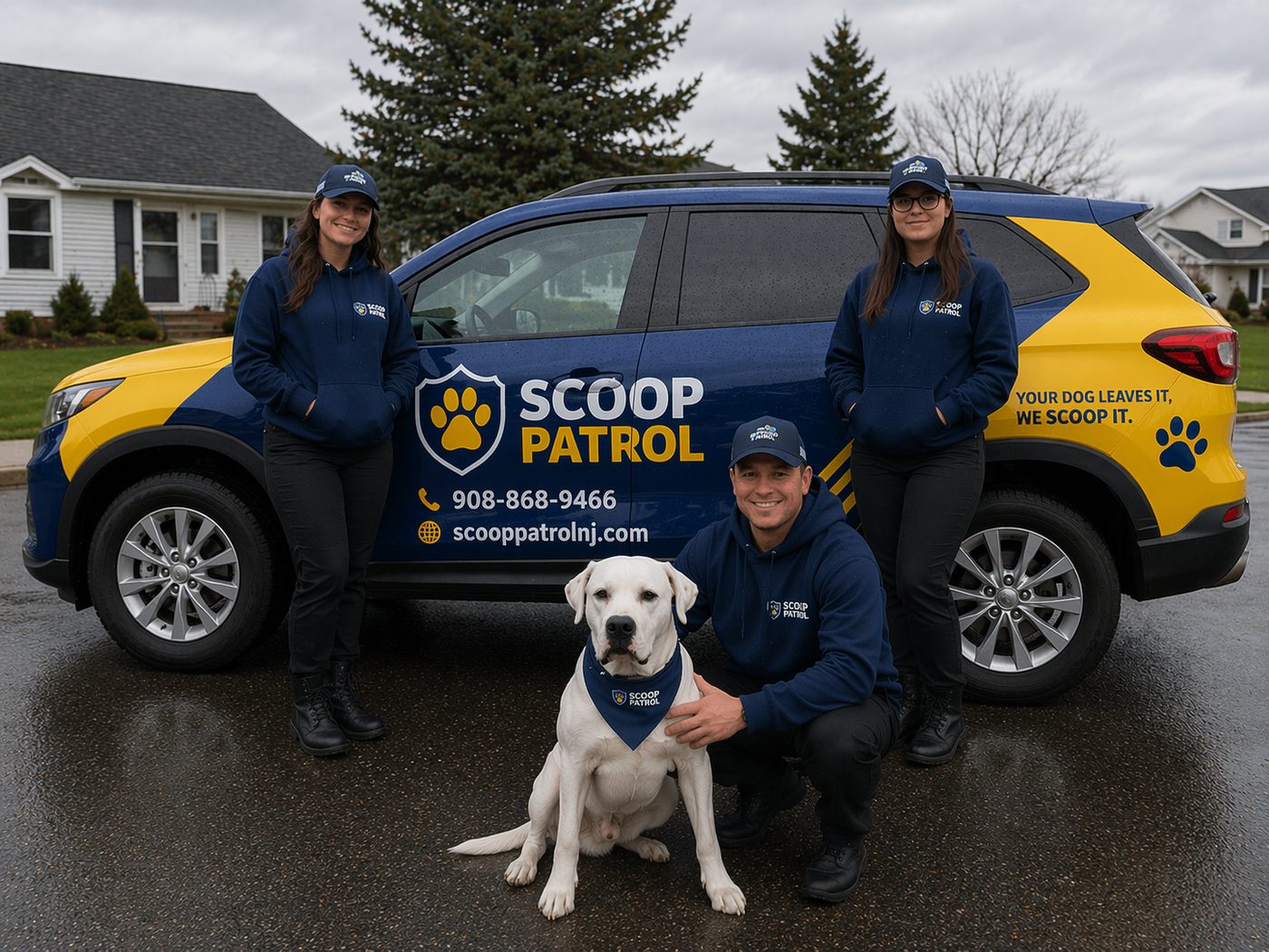 Scoop Patrol team with dog and service vehicle